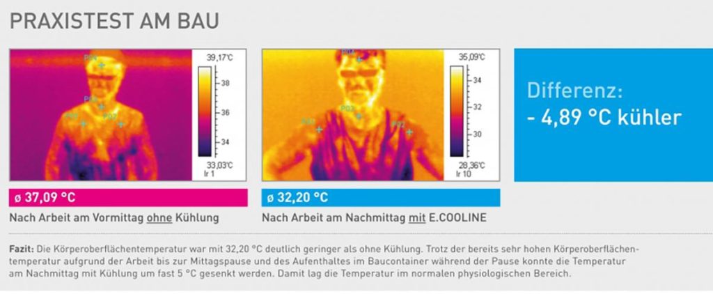 Wärmebildre vom E.COOLINE Praxistest am Bau. Die Wärmebilder zeigen den Effekt mit und ohne Kühlung