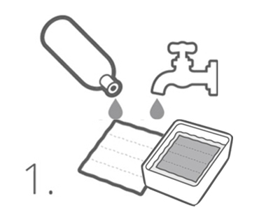 E.COOLINE Aktivierung Schritt 1: Symbole Wasserflasche, Wasserhahn, Waschbecken und E.COOLINE Produkt