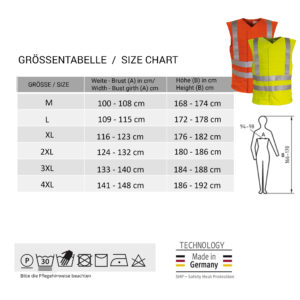 Größentabelle und kleines Foto der Signalwestern SX3 von E.COOLINE