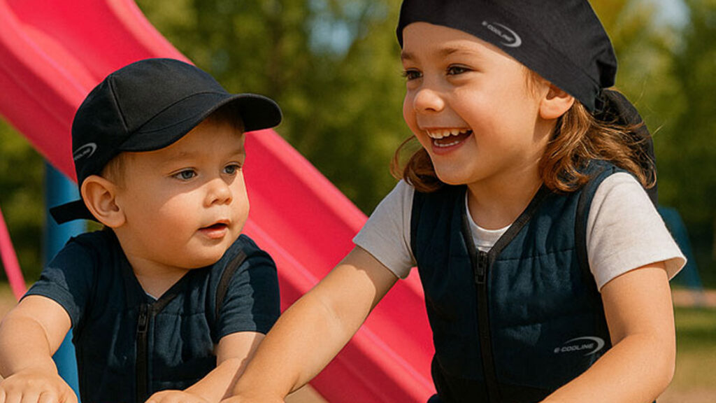 Ein kleiner Junge und ein kleines Mädchen mit E.COOLINE Kühlweste und kühlenden Kopfbedeckungen auf dem Spielplatz