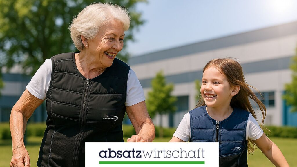 Redaktion Absatzwirtschaft: Oma mit Enkeltochter, beide mit E.COOLINE Kühlweste, Hand in Hand