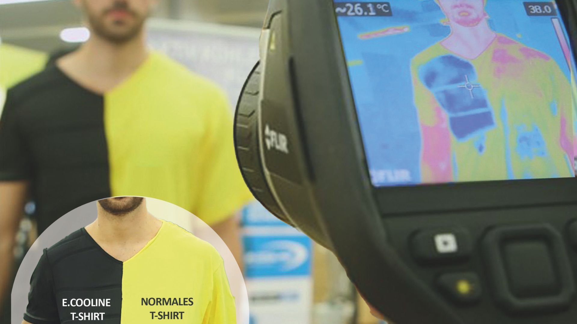 Temperaturunterschied zwischen normalem T-Shirt und E.COOLINE Kühlshirt. Die Wärmebildkamera beweist es