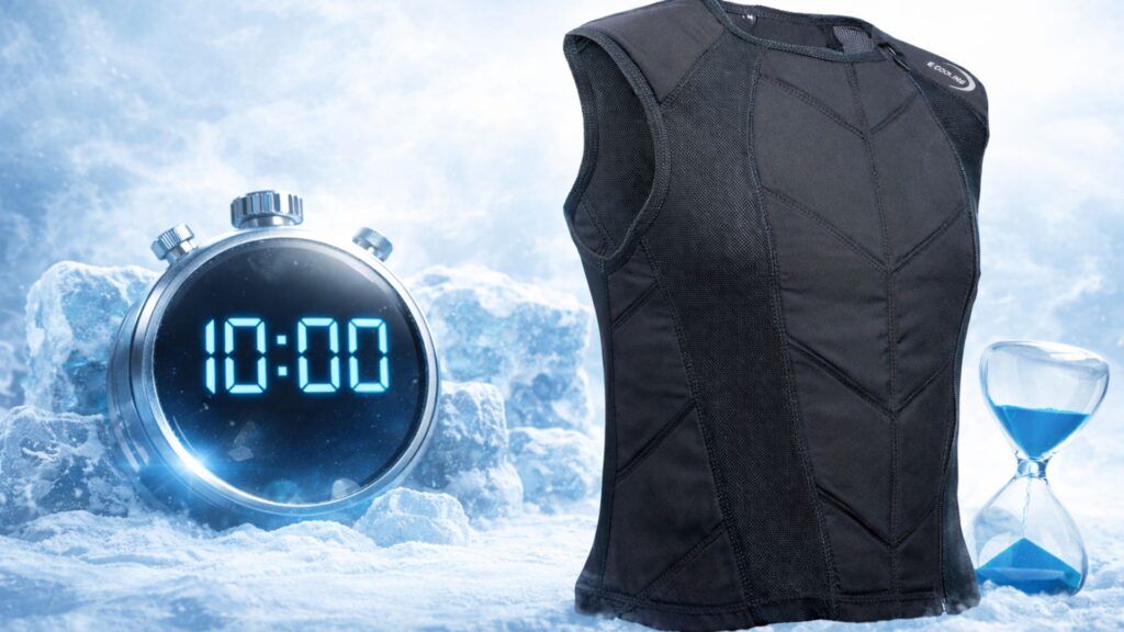 Wie lange kühlt E.COOLINE Kühlkleidung: E.COOLINE Raceweste mit Stoppuhr symbolisiert die Kühldauer