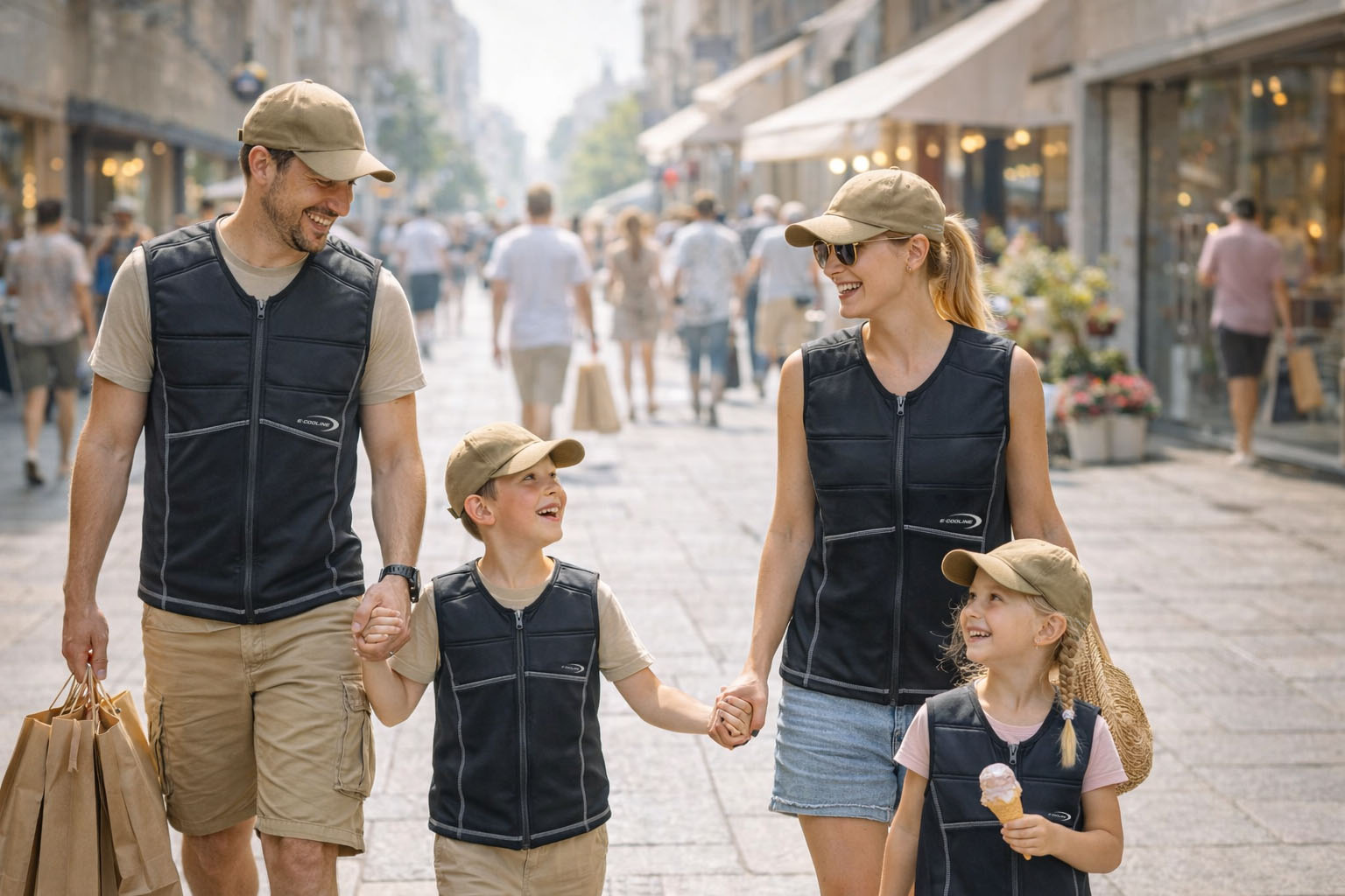 Kühlkleidung im Alltag hilft der ganzen Familie: Familie beim Shopping mit E.COOLINE Kühlwesten und kühlenden Basecaps