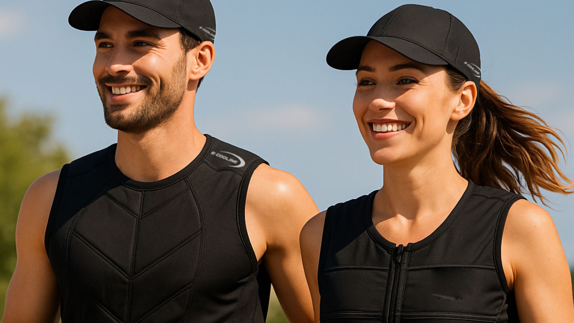 Sport bei Hitze - Ein junger Mann und eine junge Frau beim Joggen mit E.COOLINE Kühlweste und kühlenden Basecaps von E.COOLINE