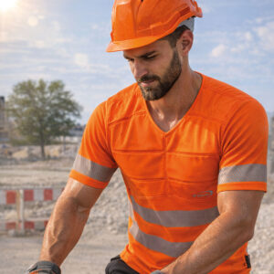 Bauarbeiter trägt PowerSignal T-Shirt SX3 mit Reflektoren von E.COOLINE in Farbe signalorange