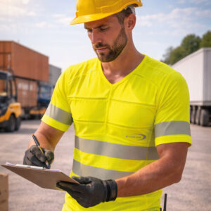 Logistik-Mitarbeiter trägt PowerSignal T-Shirt SX3 mit Reflektoren von E.COOLINE in Farbe signalgelb