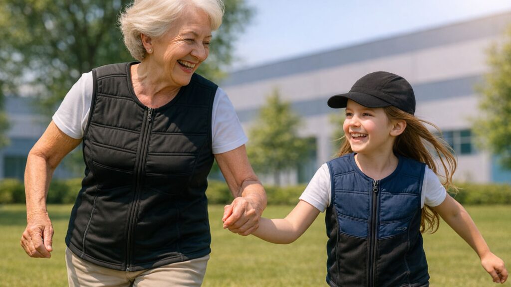 Ist Kühlkleidung gesundheitlich unbedenklich? Oma und Enkeltochter mit E.COOLINE Kühlkleidung