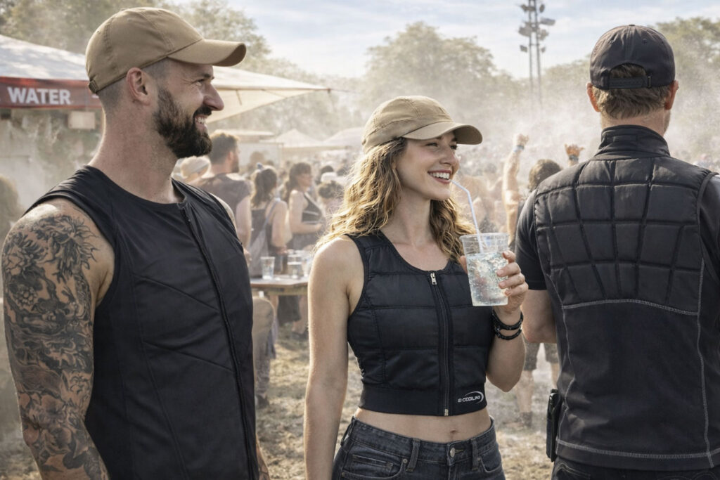 Hitzeschutzmassnahmen beim Festival: Besucher mit E.COOLINE Kühlkleidung, Getränk Wasser-Fontaine und Sonnensegel