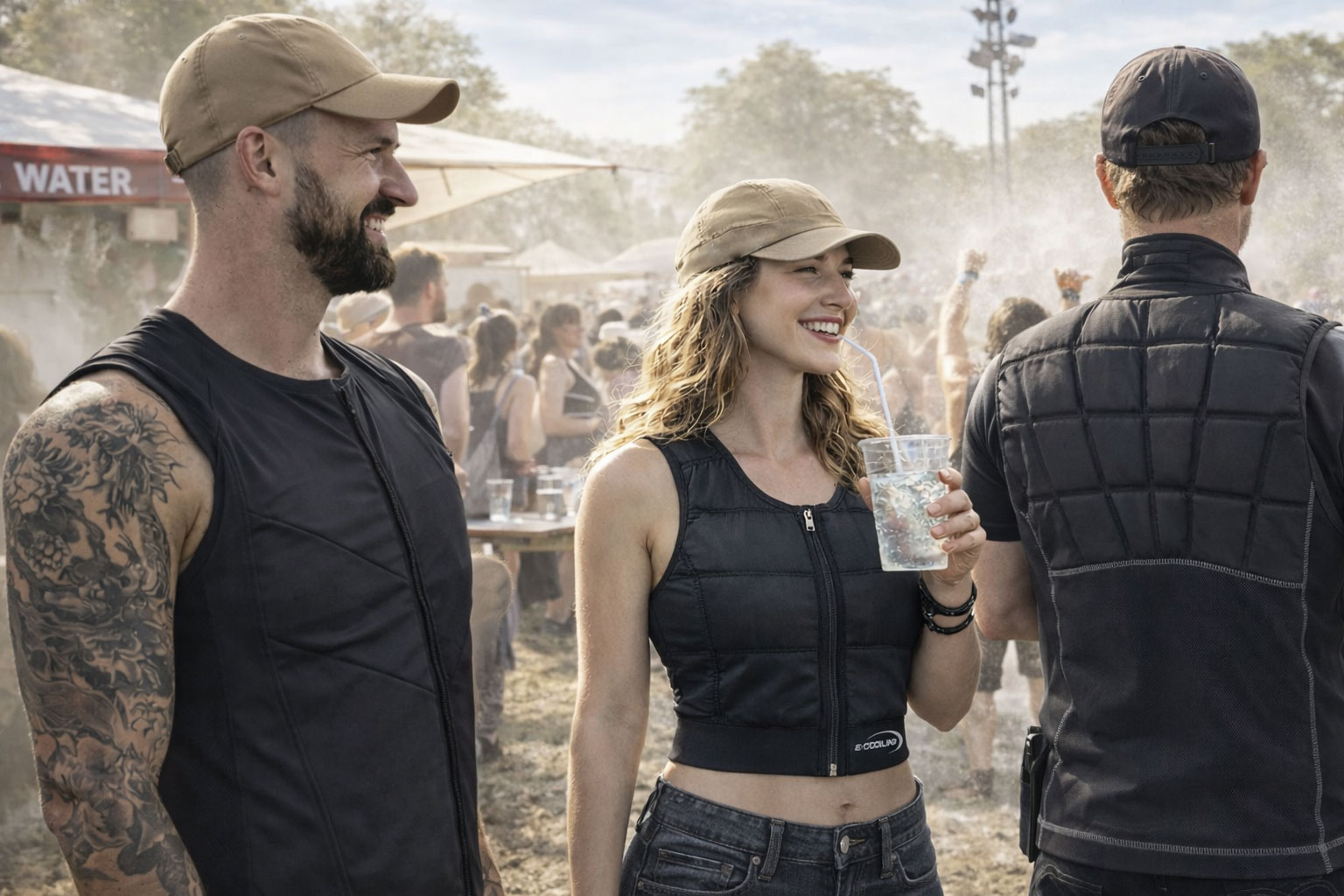 Hitzeschutzmassnahmen beim Festival: Besucher mit E.COOLINE Kühlkleidung, Getränk Wasser-Fontaine und Sonnensegel