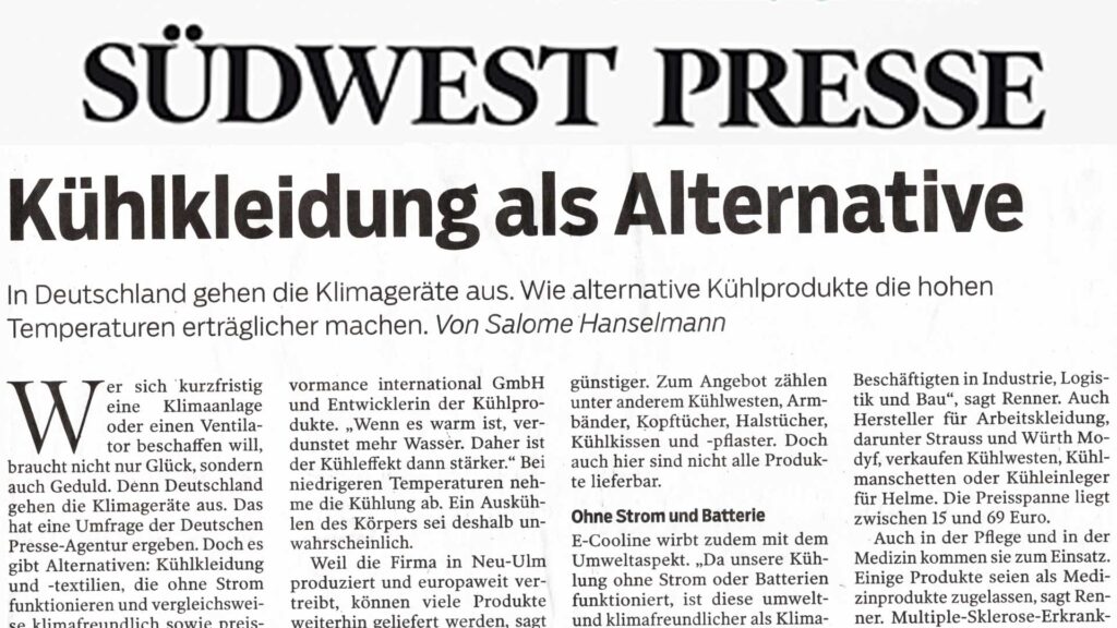 Artikel der Südwestpresse vom 31.07.2026: Kühlkleidung als Alternative