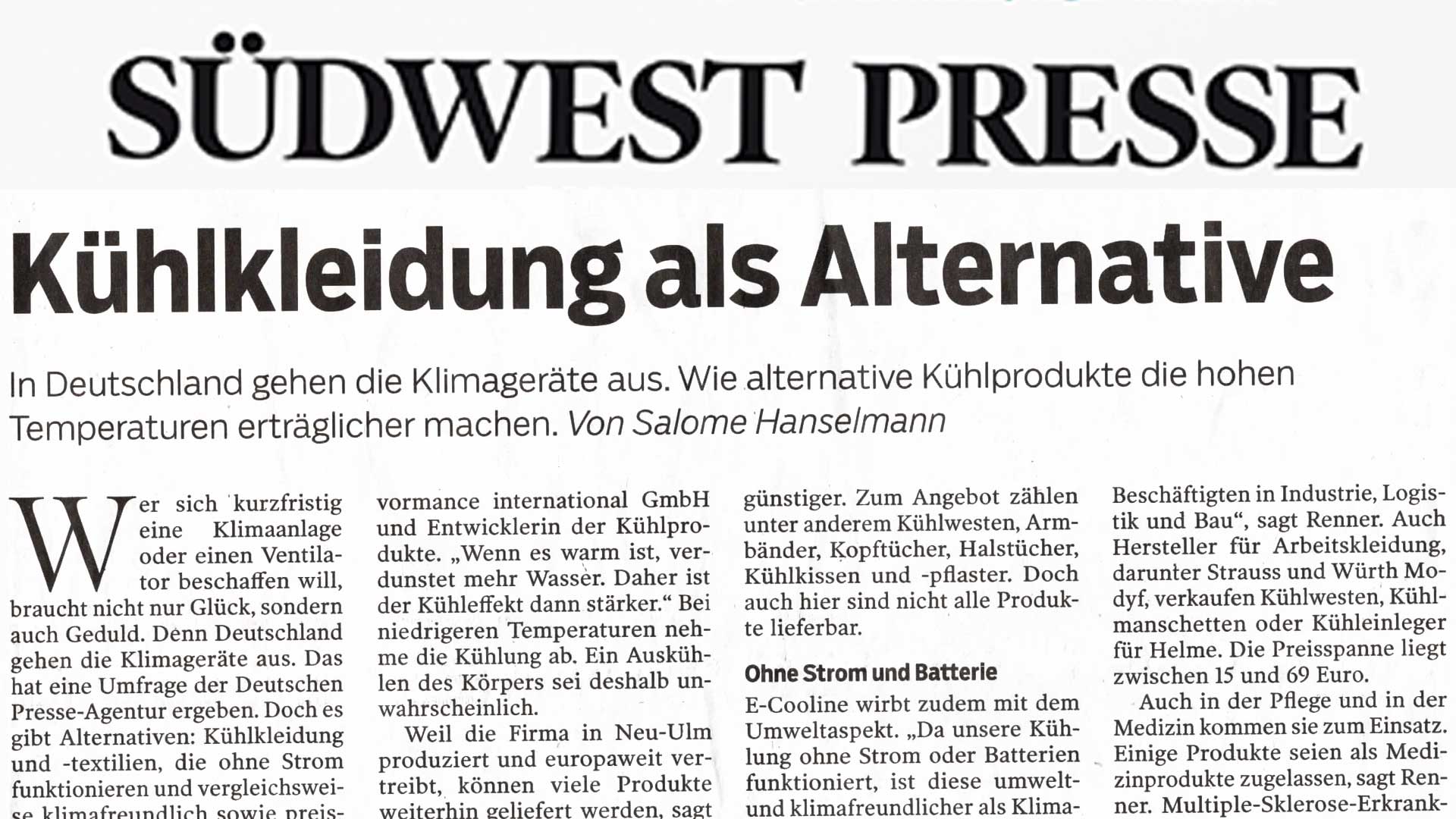 Artikel der Südwestpresse vom 31.07.2026: Kühlkleidung als Alternative