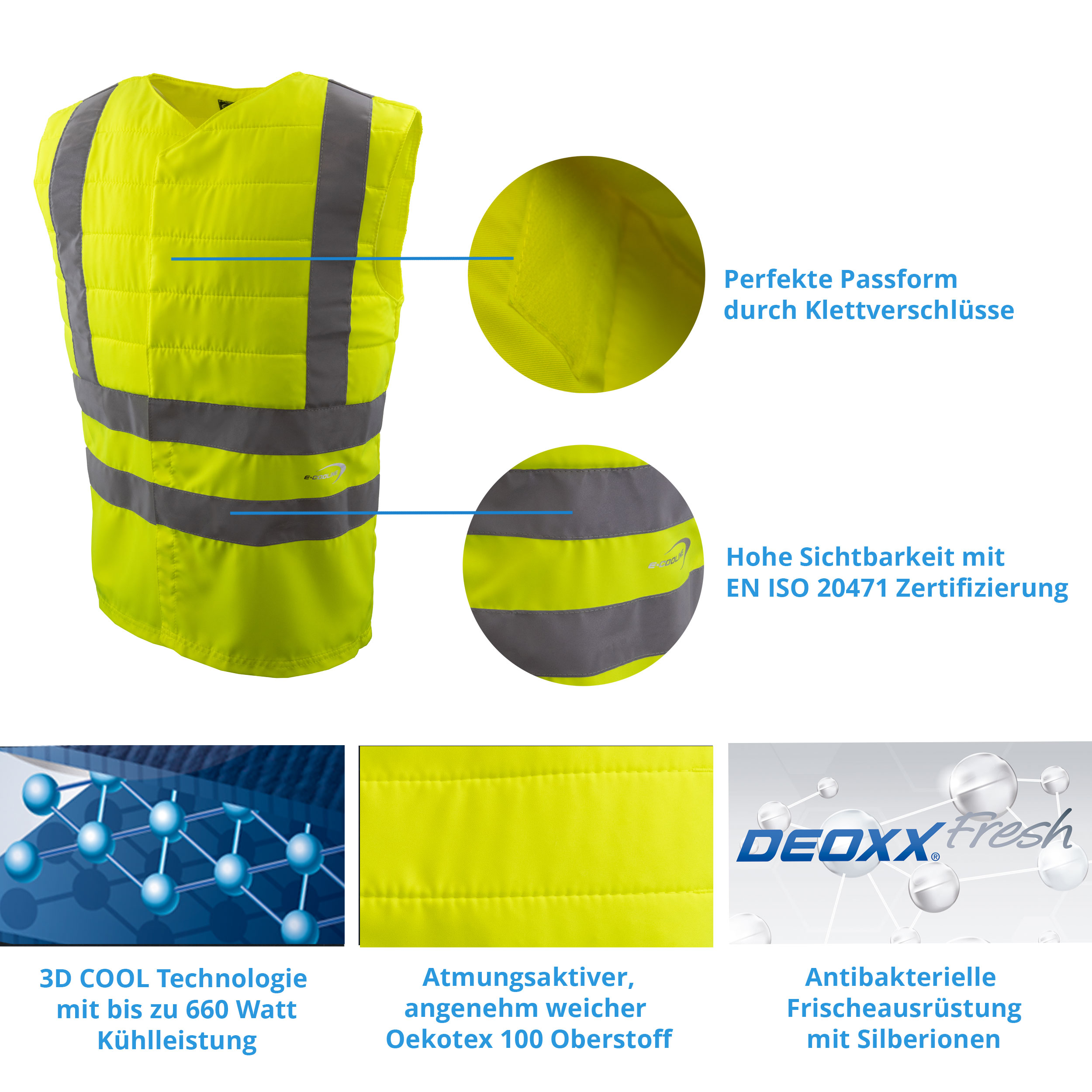 Features Kühlweste SX3 mit Reflektoren von E.COOLINE mit Klettverschluss vorne in Signalfarbe